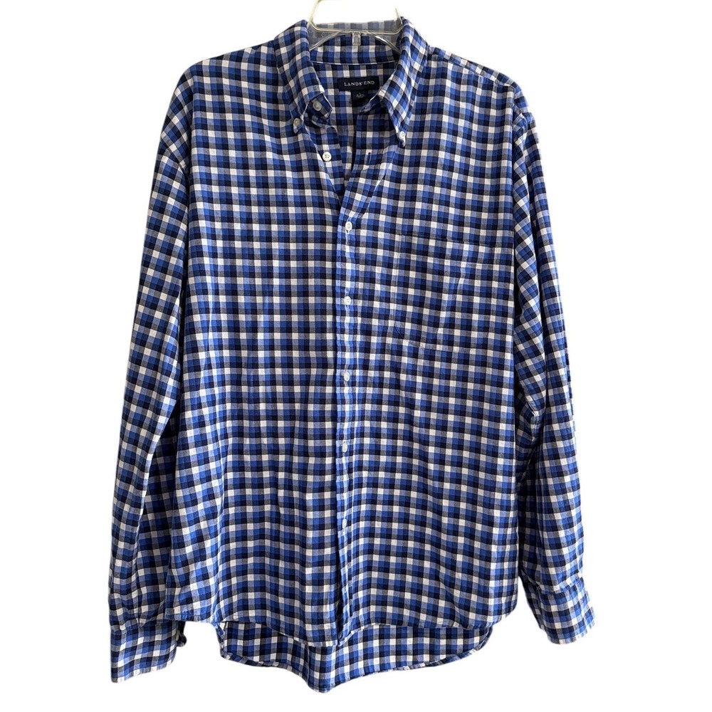 Lands End Mens Blue Gingham Check  Button Down Shirt Large 16-16.5 Long Sleeve